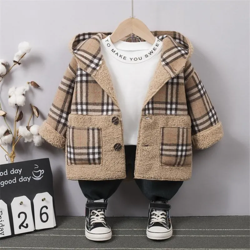 Extra Thick Plaid Duffle Coat Trench for Children Boy