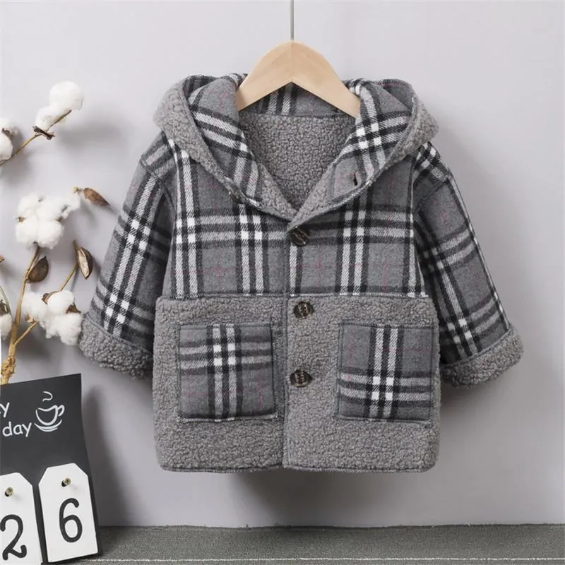 Extra Thick Plaid Duffle Coat Trench for Children Boy