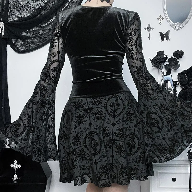 Flared sleeve velvet lace up solid patchwork mini dress goth Alternative Darkwave Fashion victorian goth fashion goth Emo Darkwave Fashion