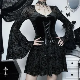 Flared sleeve velvet lace up solid patchwork mini dress goth Alternative Darkwave Fashion victorian goth fashion goth Emo Darkwave Fashion