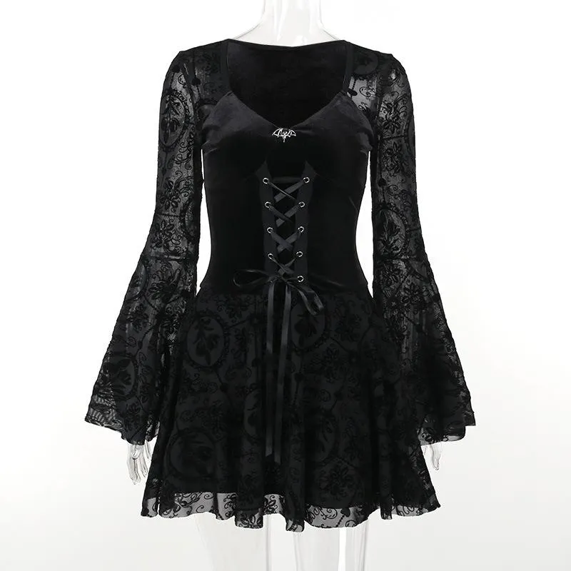 Flared sleeve velvet lace up solid patchwork mini dress goth Alternative Darkwave Fashion victorian goth fashion goth Emo Darkwave Fashion