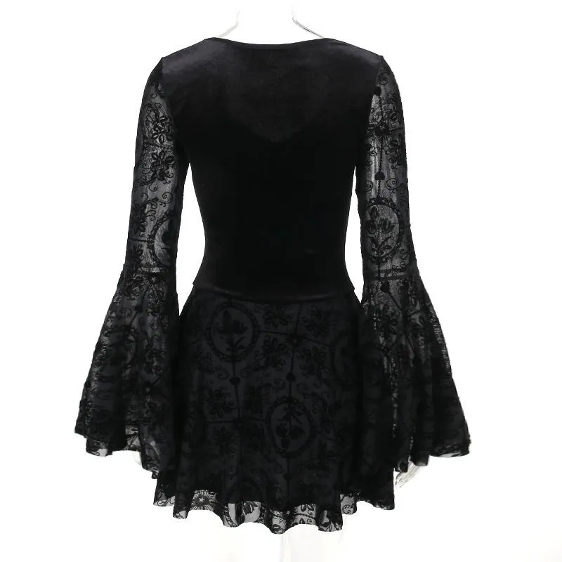Flared sleeve velvet lace up solid patchwork mini dress goth Alternative Darkwave Fashion victorian goth fashion goth Emo Darkwave Fashion