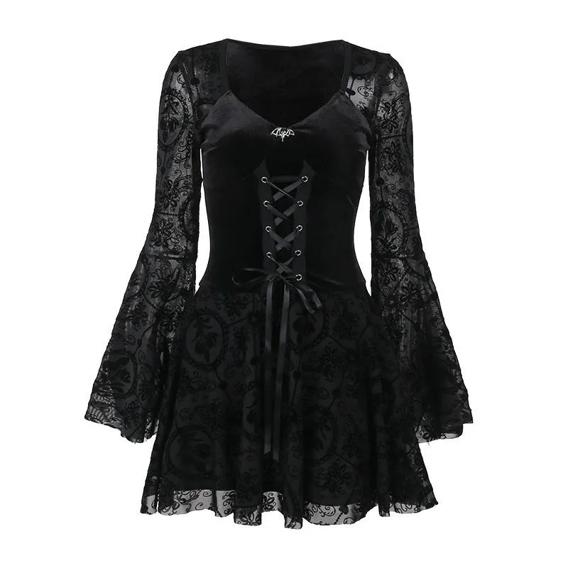Flared sleeve velvet lace up solid patchwork mini dress goth Alternative Darkwave Fashion victorian goth fashion goth Emo Darkwave Fashion