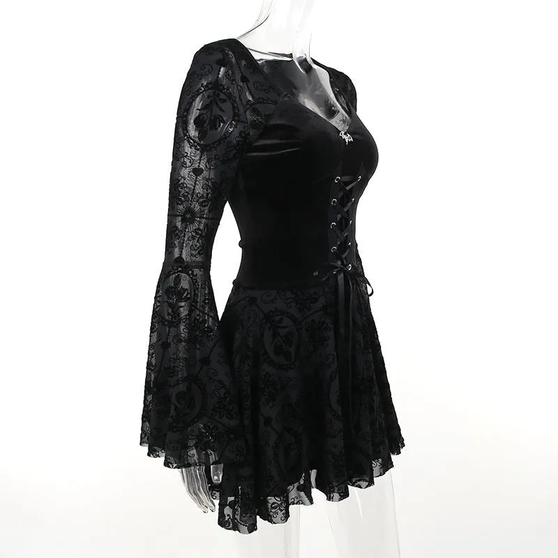 Flared sleeve velvet lace up solid patchwork mini dress goth Alternative Darkwave Fashion victorian goth fashion goth Emo Darkwave Fashion