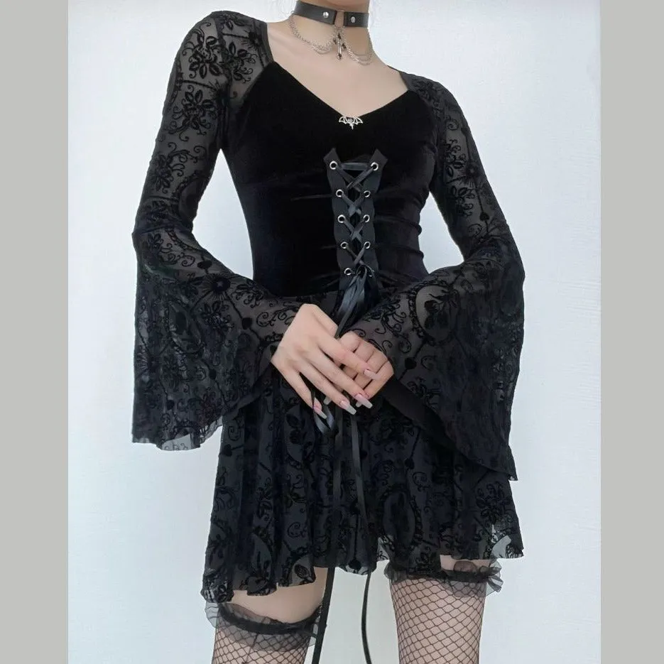 Flared sleeve velvet lace up solid patchwork mini dress goth Alternative Darkwave Fashion victorian goth fashion goth Emo Darkwave Fashion