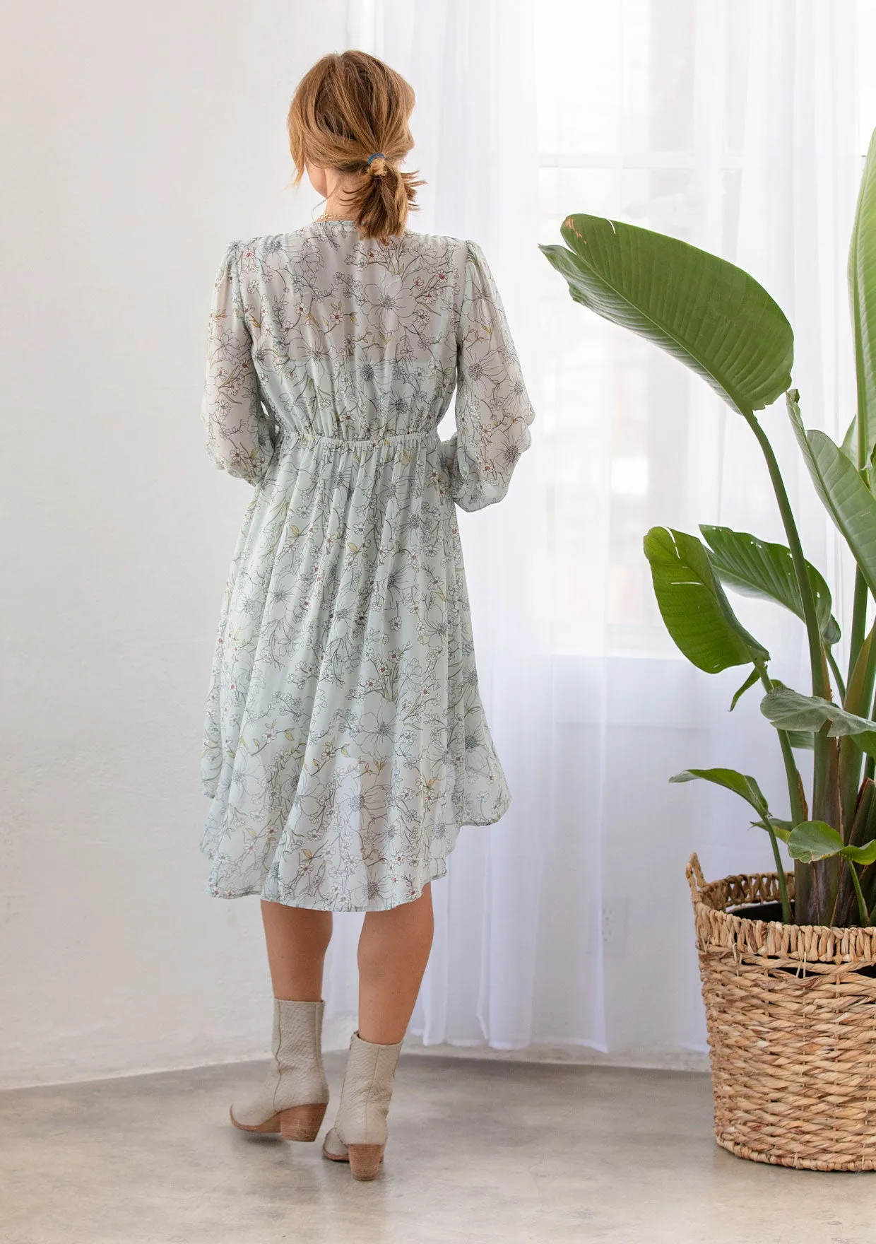 Floral Print Long Sleeve Hi Low Midi Dress