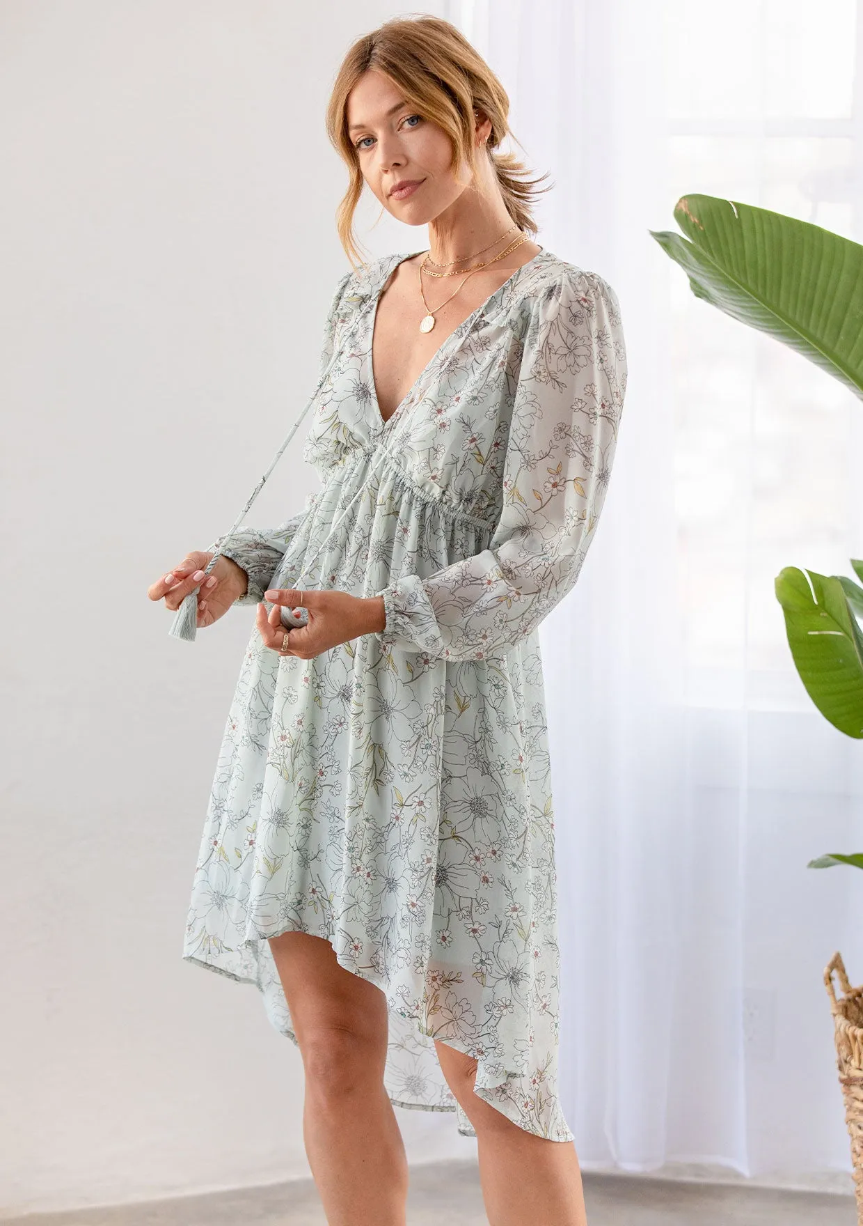 Floral Print Long Sleeve Hi Low Midi Dress
