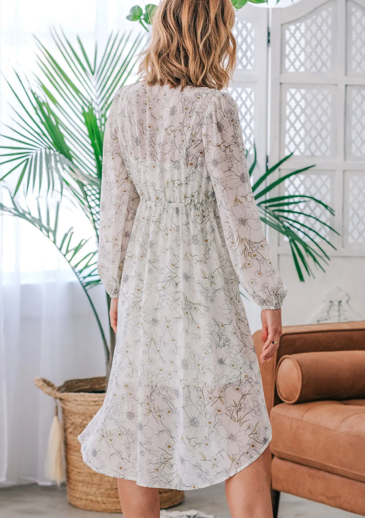Floral Print Long Sleeve Hi Low Midi Dress