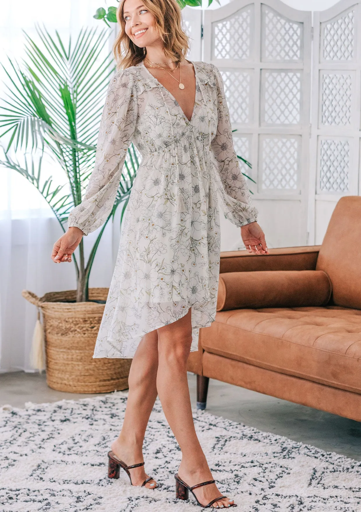 Floral Print Long Sleeve Hi Low Midi Dress
