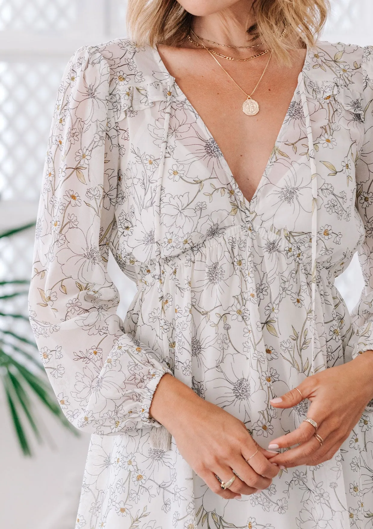 Floral Print Long Sleeve Hi Low Midi Dress
