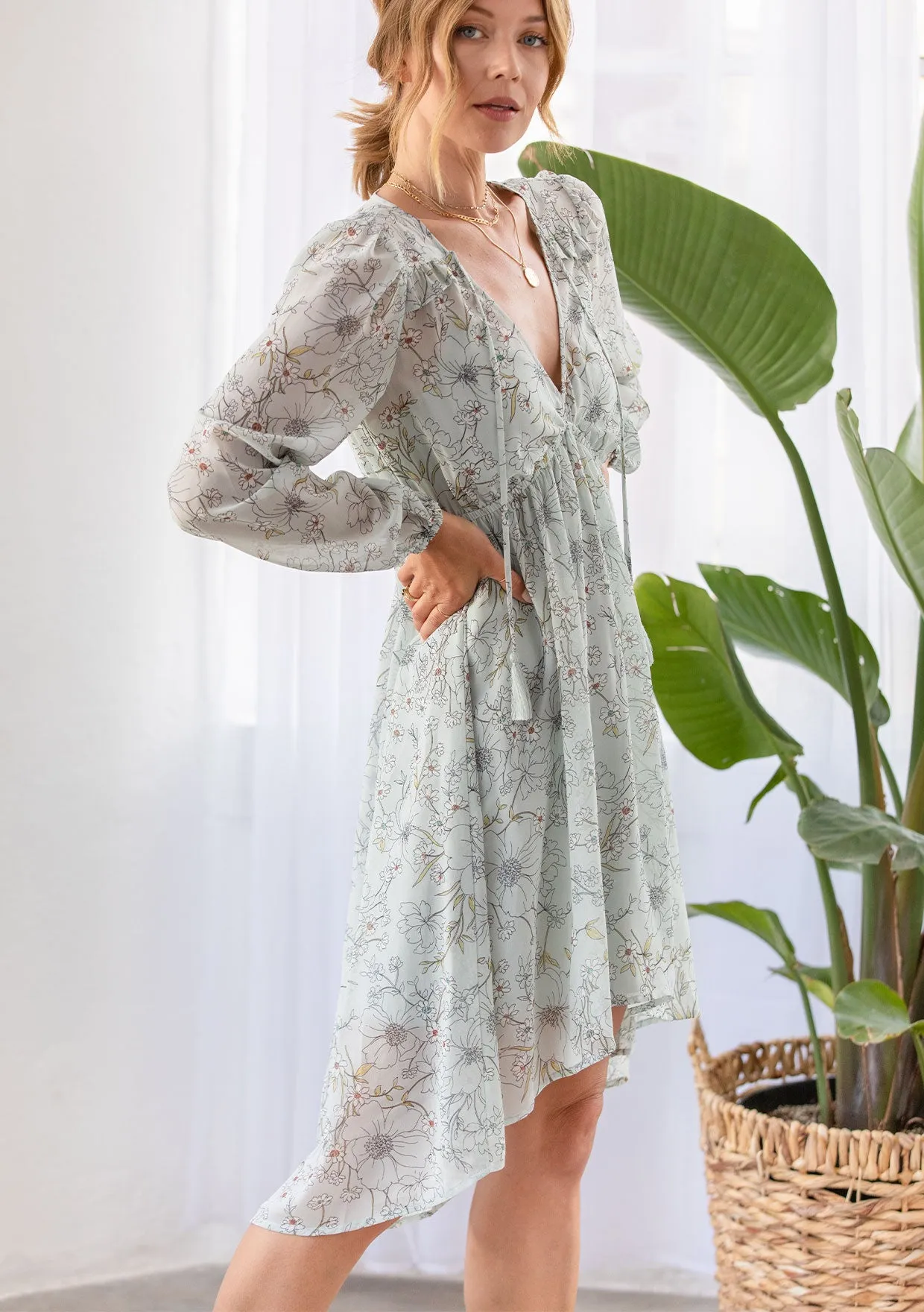 Floral Print Long Sleeve Hi Low Midi Dress