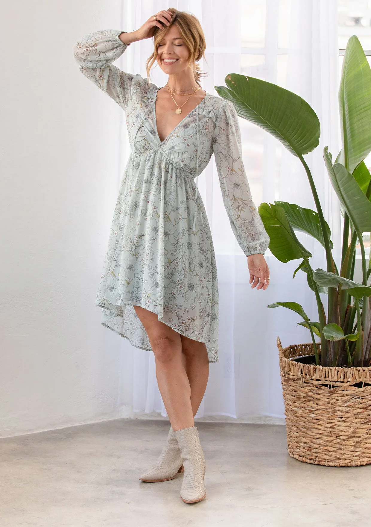 Floral Print Long Sleeve Hi Low Midi Dress