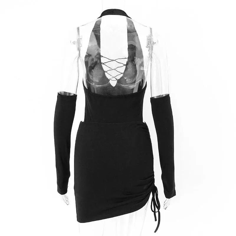 Halter lace up gloves drawstring hollow out cut out mini dress