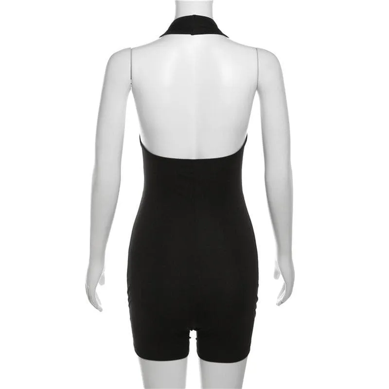 Halter solid v neck hollow out backless romper