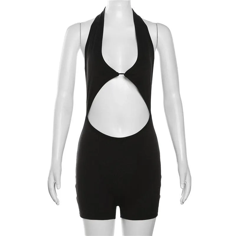 Halter solid v neck hollow out backless romper