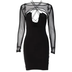 Hollow out corss back mesh long sleeve solid mini dress - Final Sale