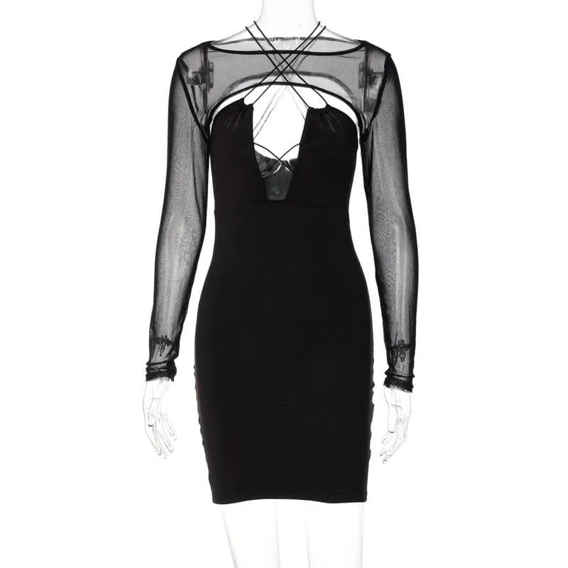 Hollow out corss back mesh long sleeve solid mini dress - Final Sale