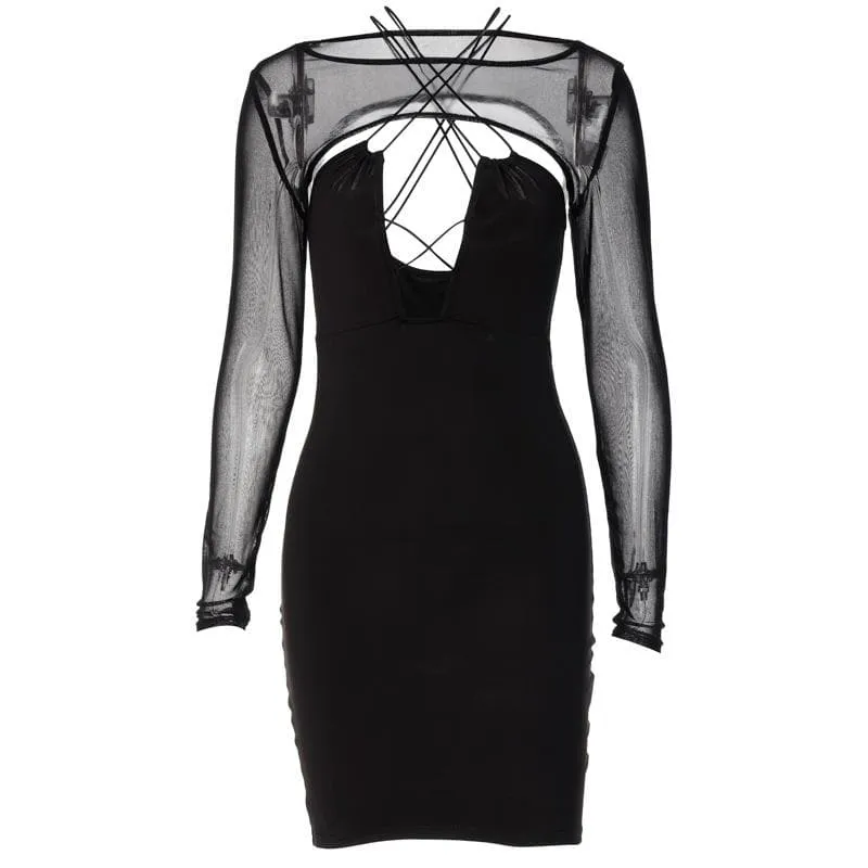 Hollow out corss back mesh long sleeve solid mini dress - Final Sale