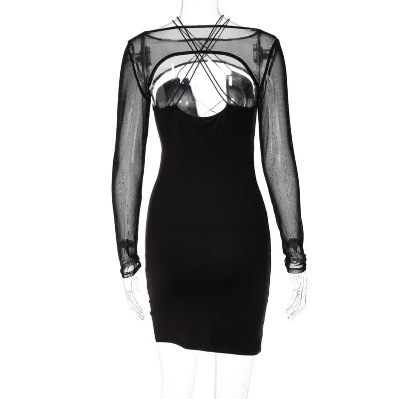 Hollow out corss back mesh long sleeve solid mini dress - Final Sale