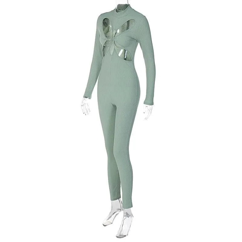 Hollow out long sleeve solid zip-up high neck jumpsuit - Final Sale