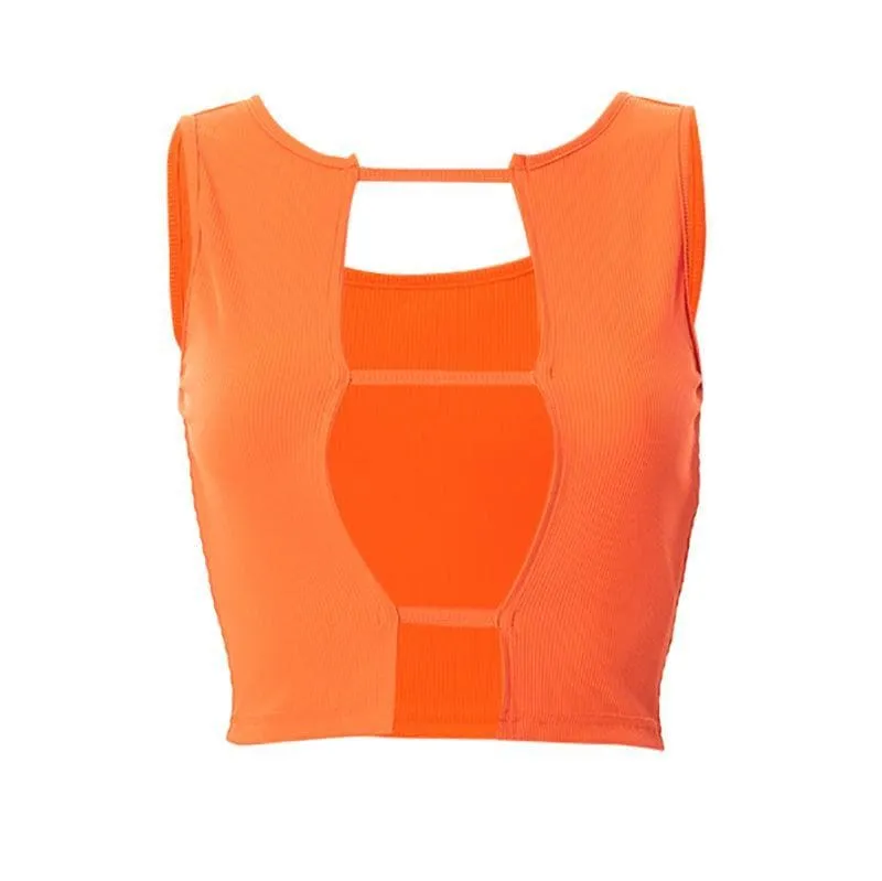 Hollow out sleeveless ribbed solid crop cut out top