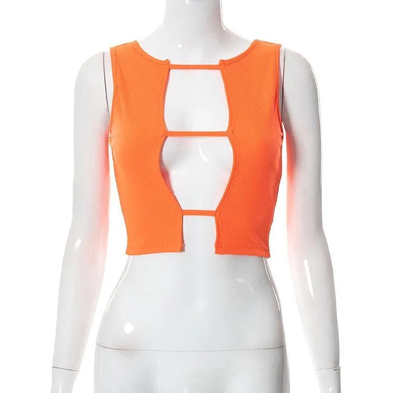 Hollow out sleeveless ribbed solid crop cut out top