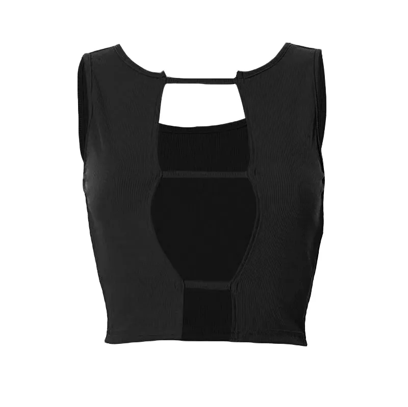 Hollow out sleeveless ribbed solid crop cut out top