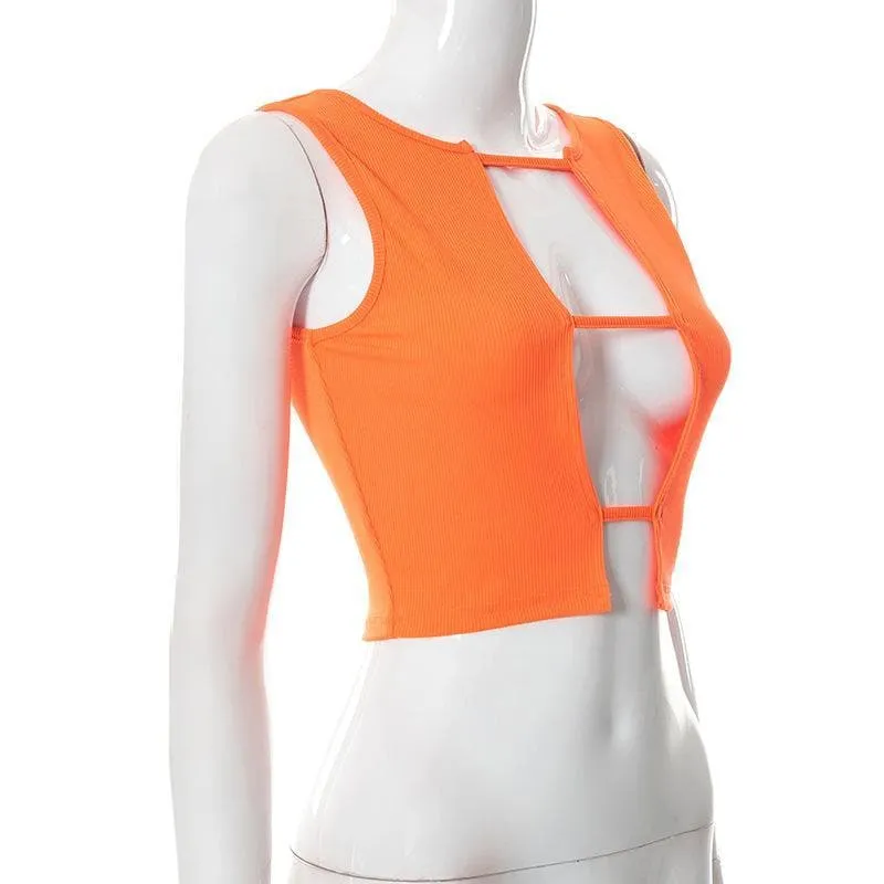 Hollow out sleeveless ribbed solid crop cut out top