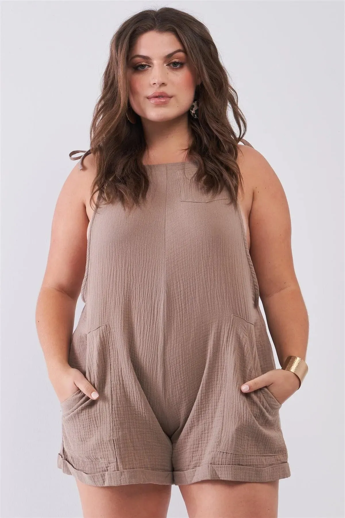 Junior Plus Taupe Square Neck Sleeveless Self-Tie Shoulders Drawstrings  Front And Side Pockets Cuffed Romper /2-2-2
