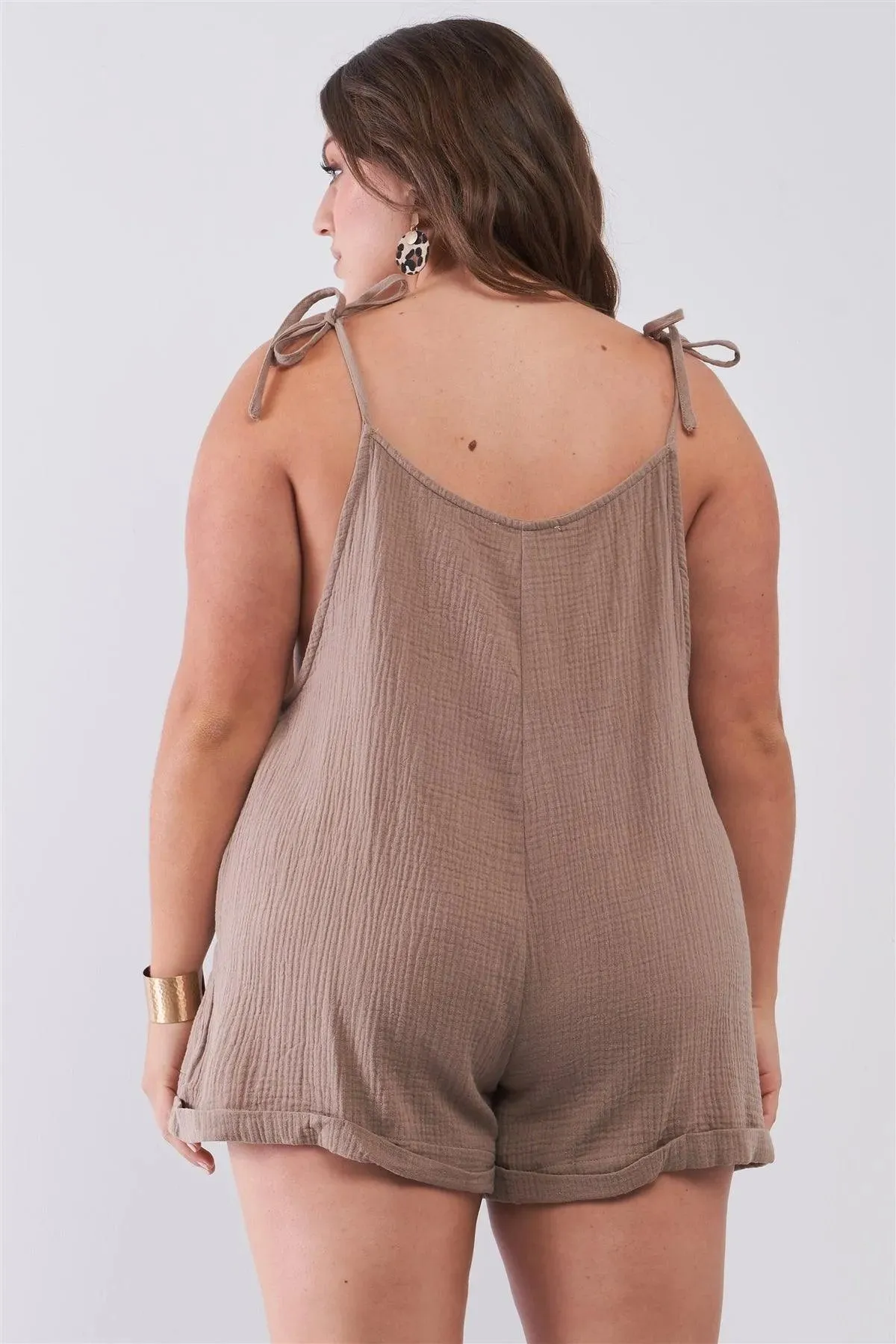 Junior Plus Taupe Square Neck Sleeveless Self-Tie Shoulders Drawstrings  Front And Side Pockets Cuffed Romper /2-2-2