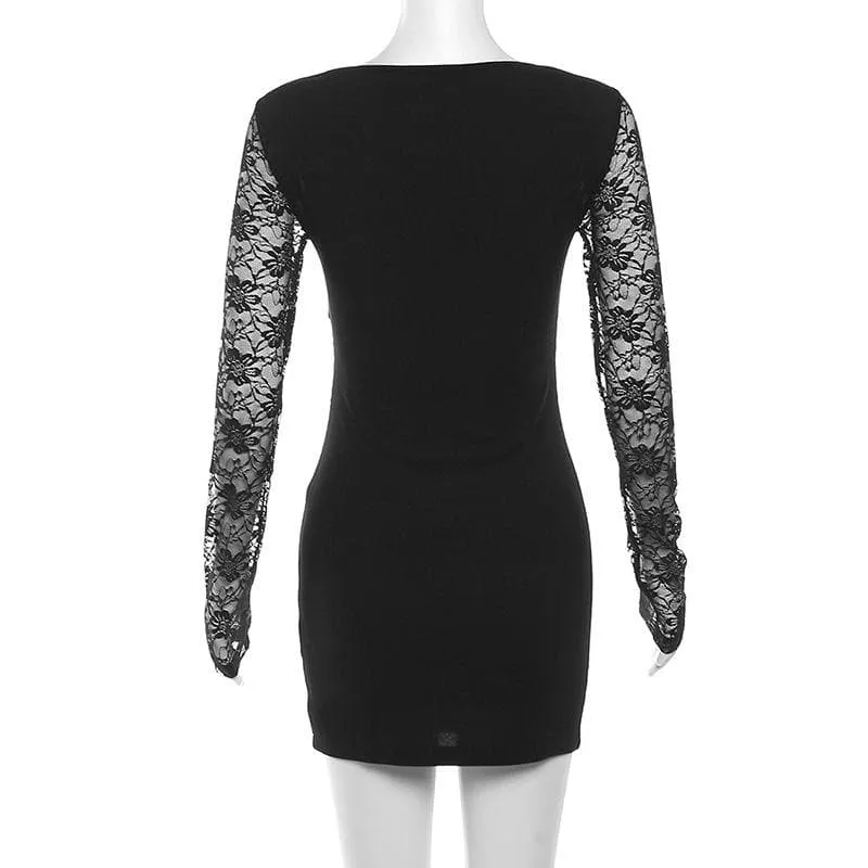 Lace patchwork corset long sleeve solid ruched mini dress