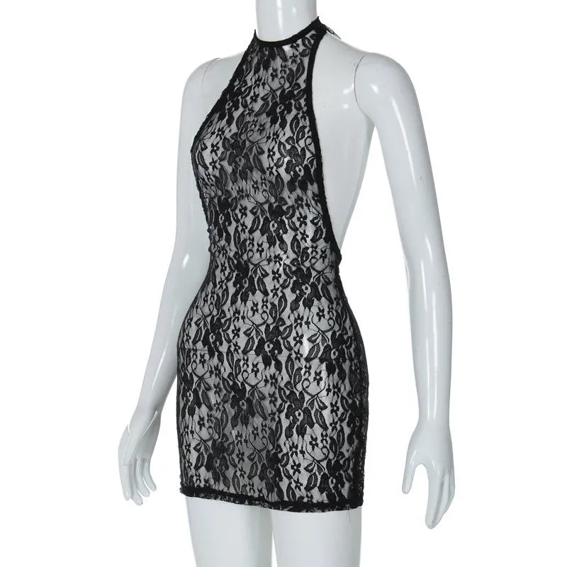 Lace see through halter backless solid mini dress