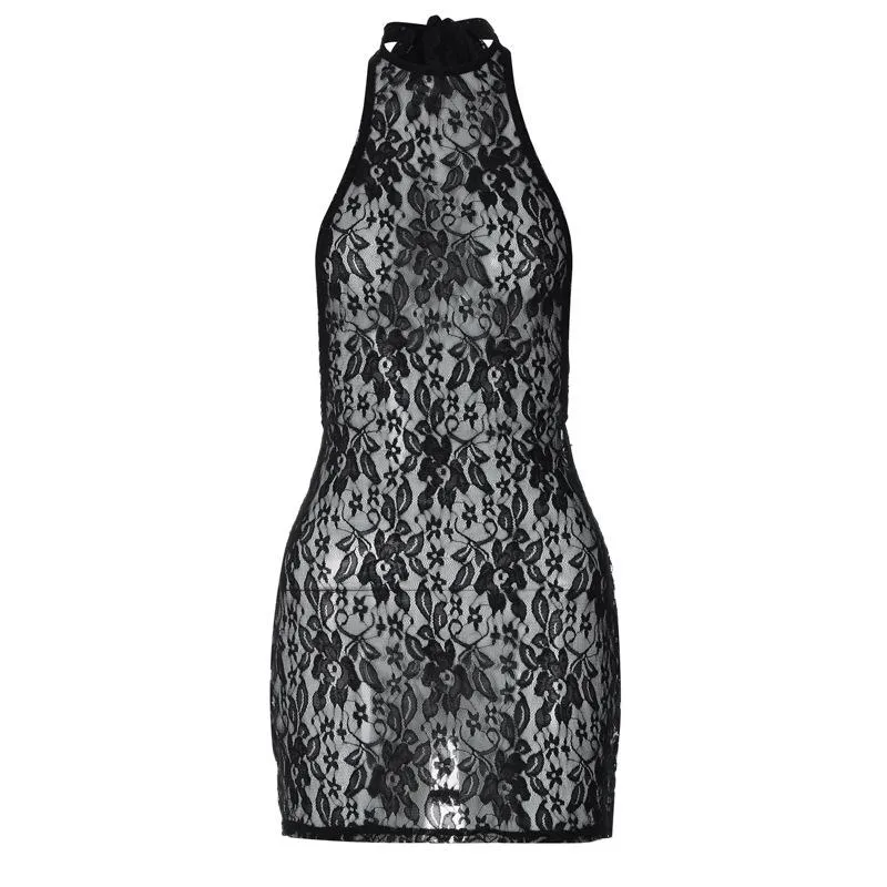 Lace see through halter backless solid mini dress