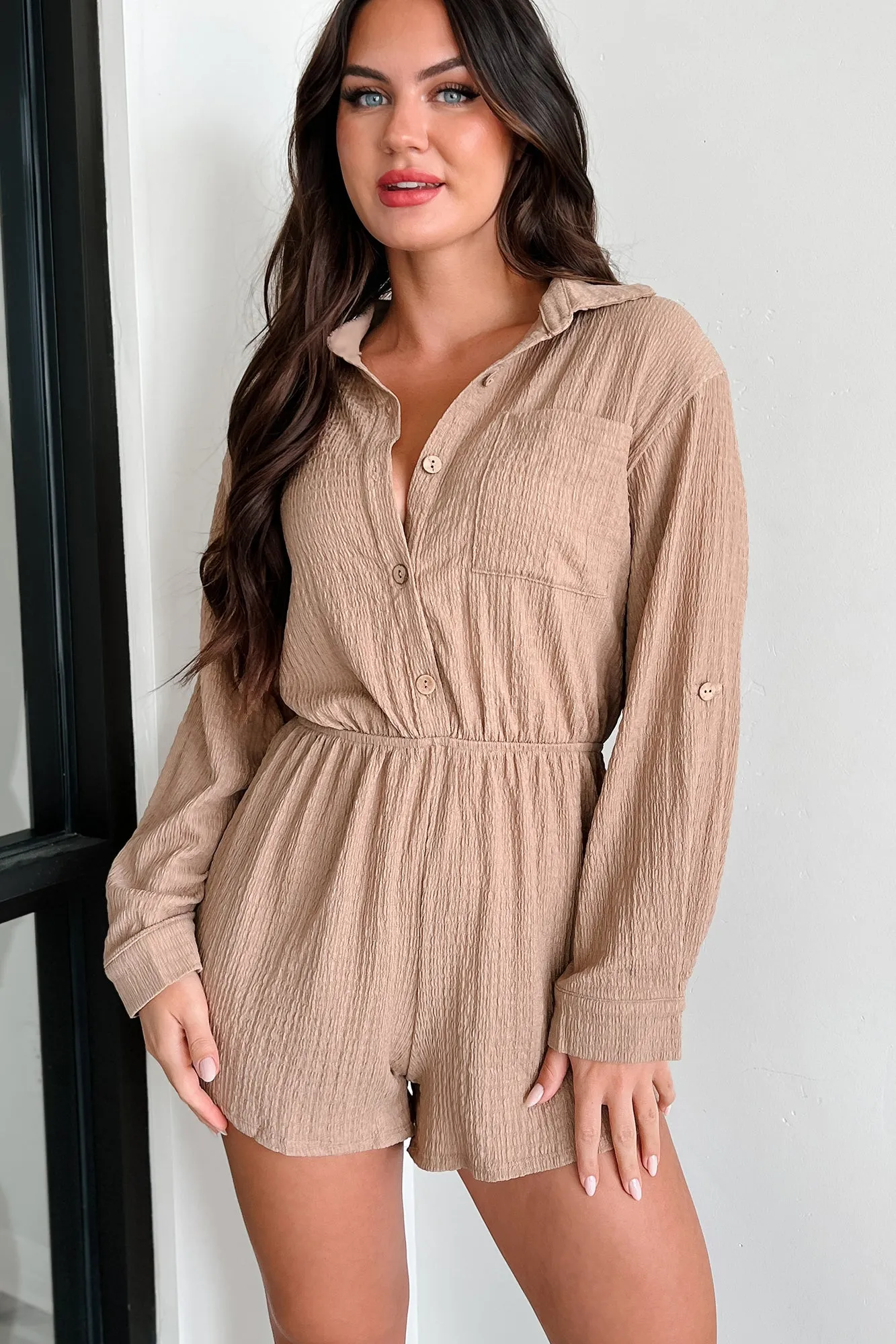 Letting Colors Fade Textured Romper (Dark Taupe)