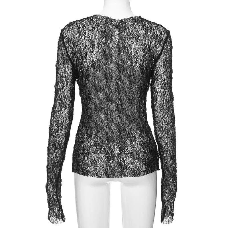 Long sleeve crewneck stitch lace see through top