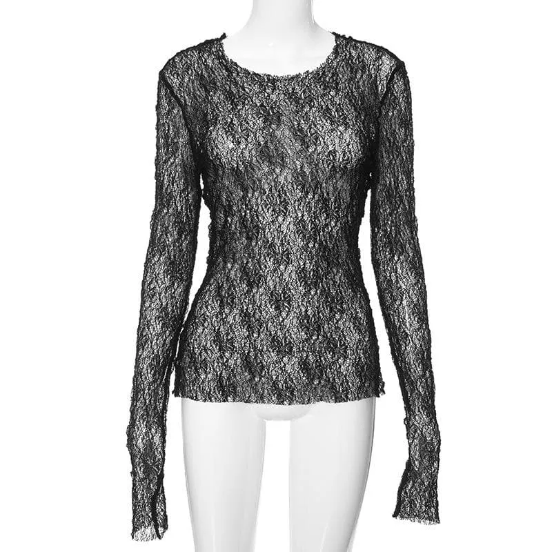 Long sleeve crewneck stitch lace see through top