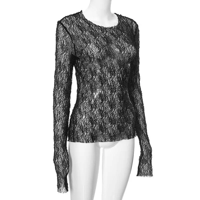 Long sleeve crewneck stitch lace see through top
