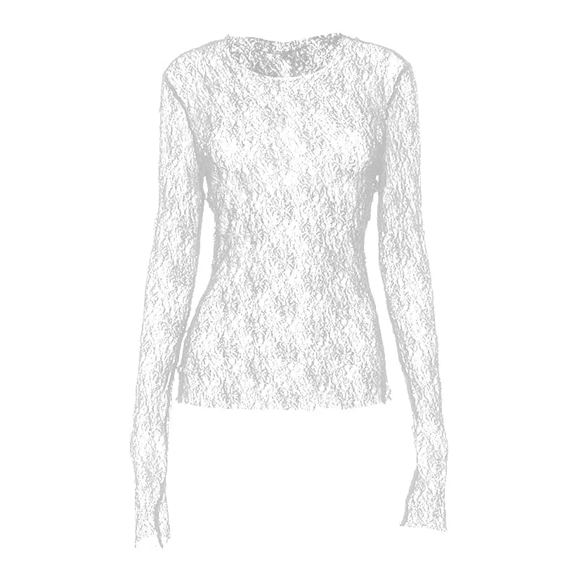 Long sleeve crewneck stitch lace see through top