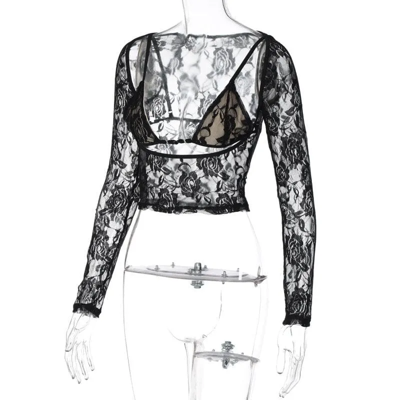 Long sleeve hollow out contrast lace 2 piece cut out top