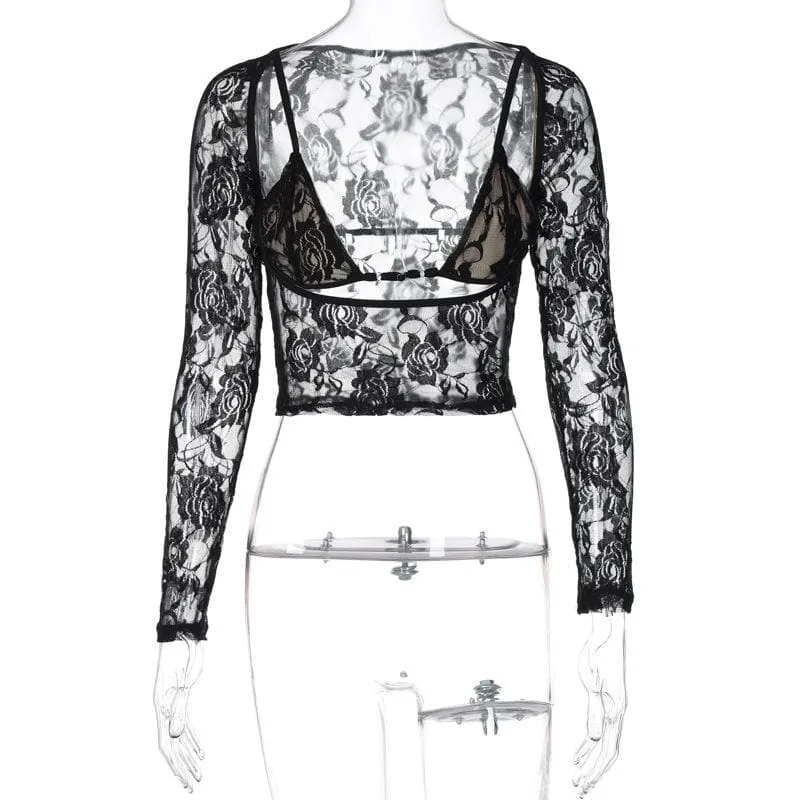 Long sleeve hollow out contrast lace 2 piece cut out top