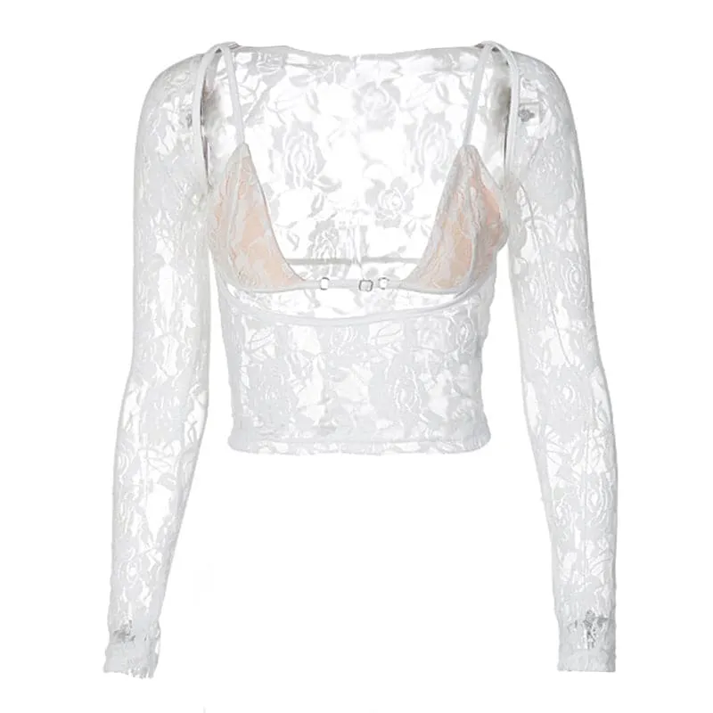Long sleeve hollow out contrast lace 2 piece cut out top