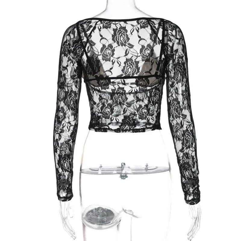 Long sleeve hollow out contrast lace 2 piece cut out top