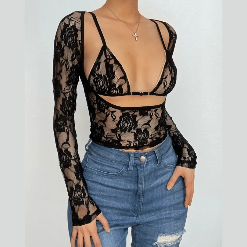 Long sleeve hollow out contrast lace 2 piece cut out top