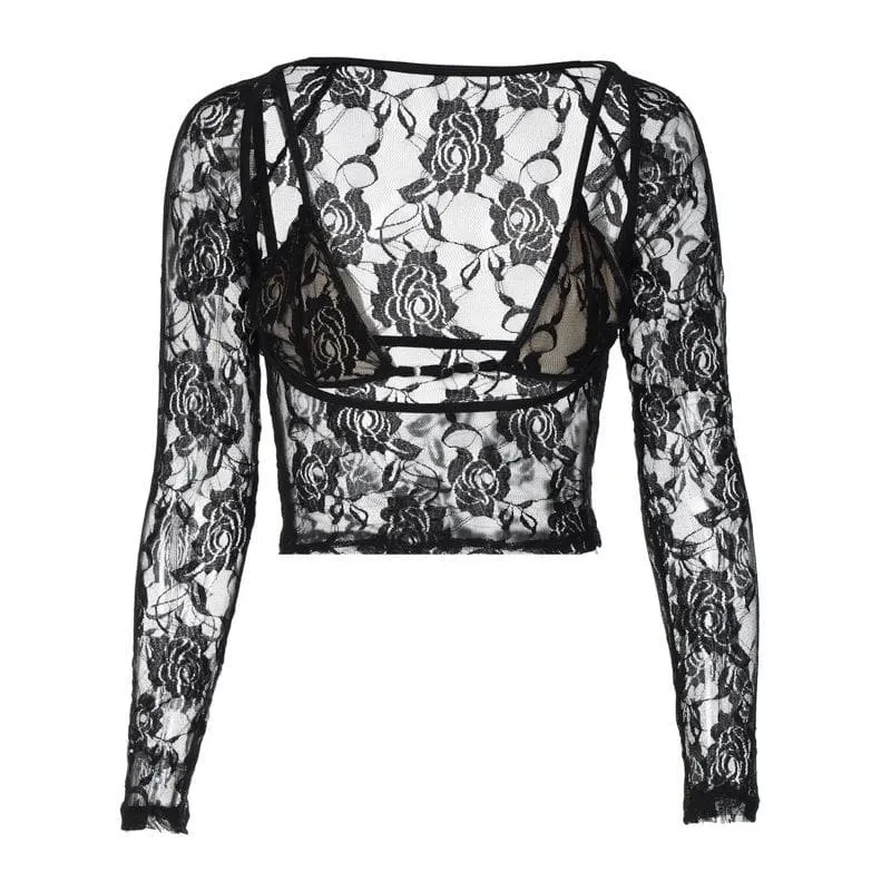 Long sleeve hollow out contrast lace 2 piece cut out top