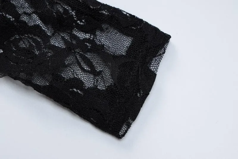 Long sleeve hollow out contrast lace 2 piece cut out top