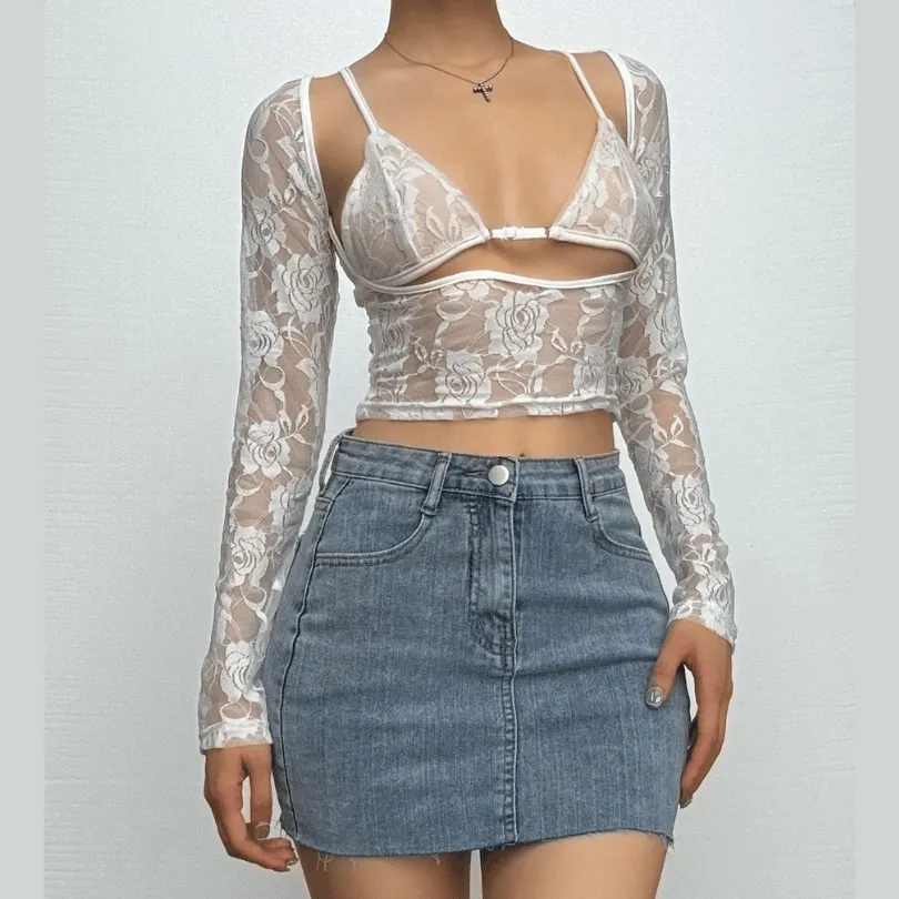 Long sleeve hollow out contrast lace 2 piece cut out top