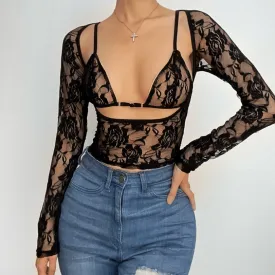 Long sleeve hollow out contrast lace 2 piece cut out top