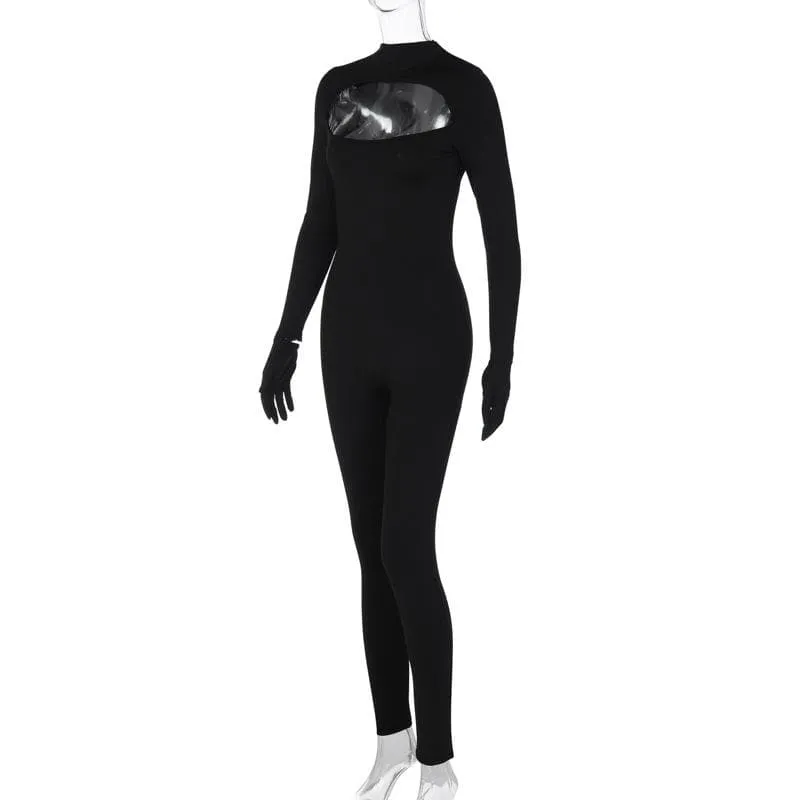 Long sleeve hollow out gloves solid zip-up jumpsuit