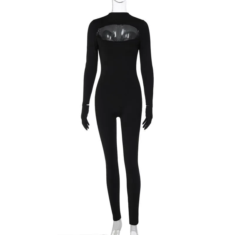 Long sleeve hollow out gloves solid zip-up jumpsuit