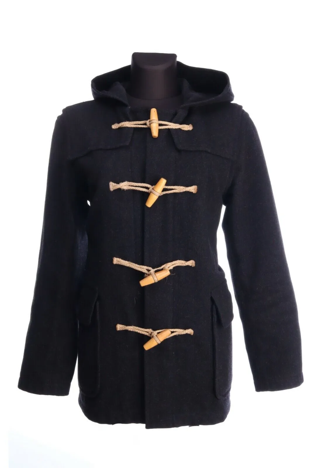 MARGARET HOWELL Black Wool Blend Hooded Duffle Coat Size S